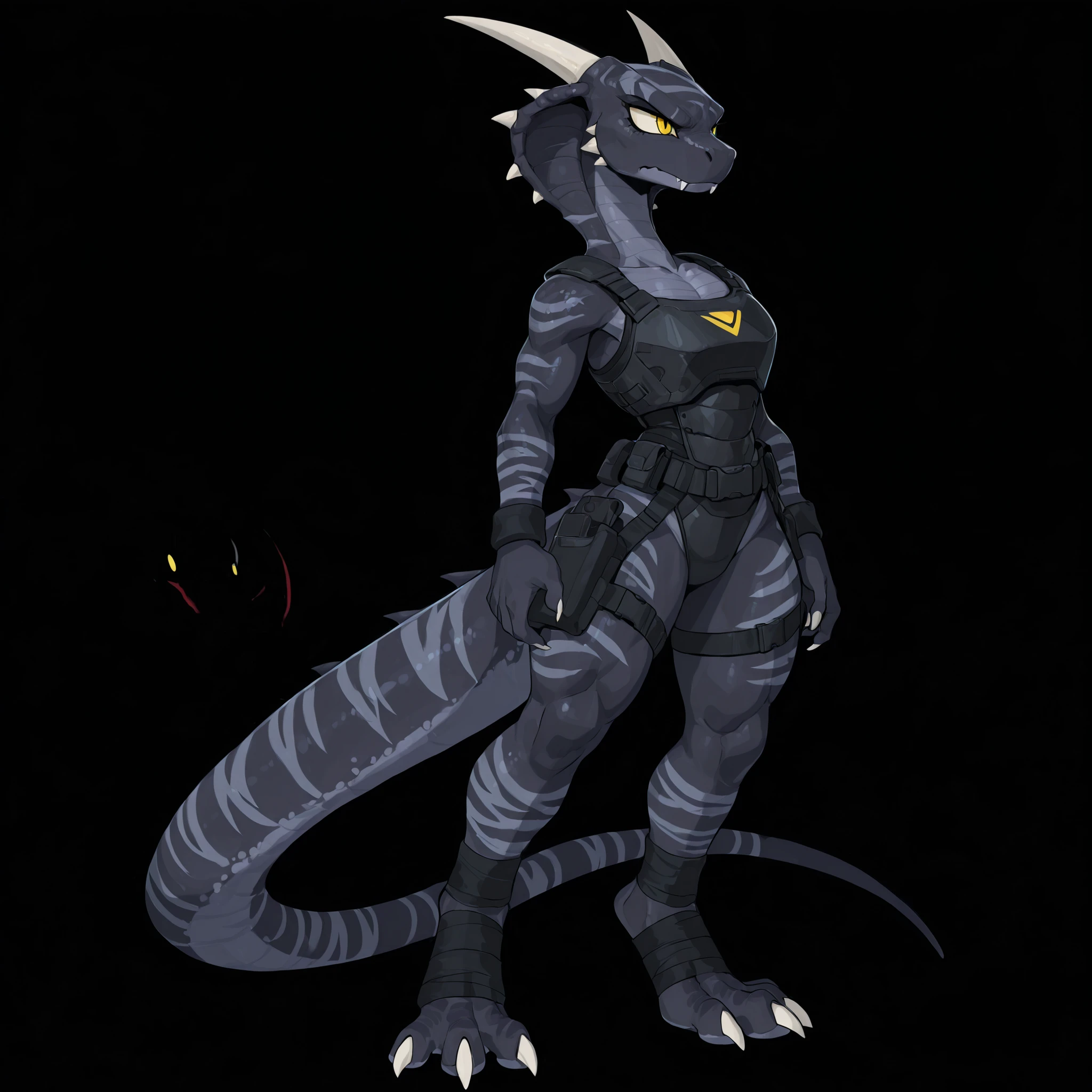 masterpiece, best quality, anime style, anime shading, full body picture, centered, alone, solo focus, 1girl, female dinosaur, (cobra), vertigo, yellow eyes, fangs, strong body type, black body, dark grey stripes, white claws, ((horns)), digitigrade legs, overlapping chest scales, ((solid black background)), score_9_up, score_8_up, score_7_up, score_6_up, score_5_up, stern expression, standing upright, wearing black body armor, body armor on legs, body armor on waist, black ankle wraps, black wrist straps, dual weapon holsters,