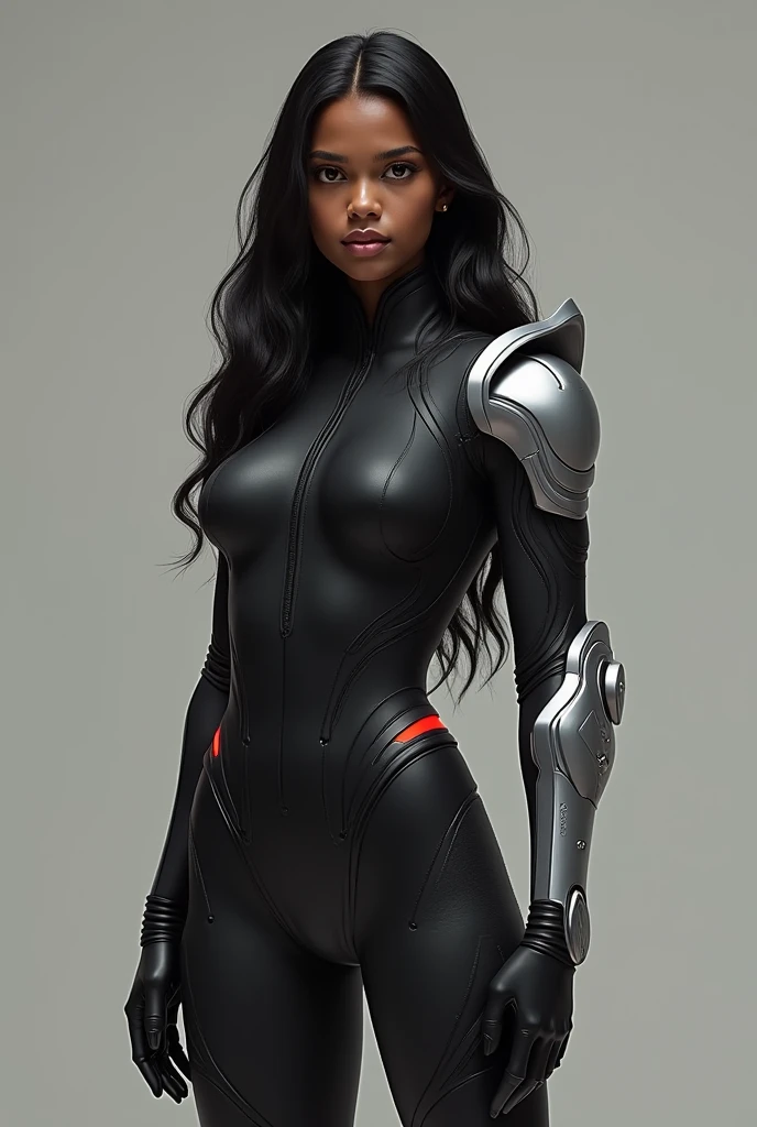 Woman with a rich, chocolate-hued skin complexion, boasting a super tiny, almost miniscule waist and a curvaceous chest that perfectly embodies the feminine form of a Metroid character, reminiscent of a 80mm illustration or a sheet from a classic game - the Womanly Metroid character sheet. The illustration captures her in profile, accentuating her frame, with a suggestive, alluring gaze that speaks volumes about her strong, independent personality. She is dressed in futuristic, metallic armor, with stark contrasts between the dark tones of her skin and the gleaming, silver accents of her armor, creating an almost otherworldly effect.