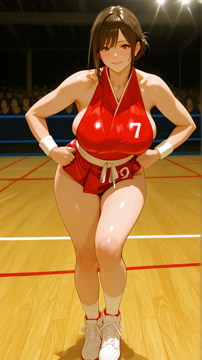 arms up,full body standing,((nsfw)),nude,(Very detailed, 8k) ,(gigantic breast:1.4),((dropping breast)),(slim waist),(slim hip),(slim legs),Super Sonico in a boxing match, Wearing boxing gloves , The eyes are very fine and uniform, a dark brown color.,((embarrassed)),smile,