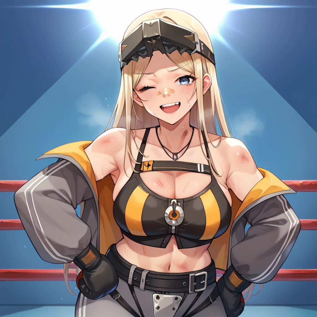 nsfw, masterpiece, nipples, 1 girl, erect nipples, intricately detailed, topless, pubs, table, crowd, navel, necklace, boxing ring, boxing gloves, denim shorts, open mouth, extremely detailed, photorealistic, octane render, 8 k, unreal engine. horse ears, horse tail, bare breasts, boxer, stage light, bare stomach, sweaty, people on background, heavy breathing, fighting stance, drooling, tongue out, chain belt