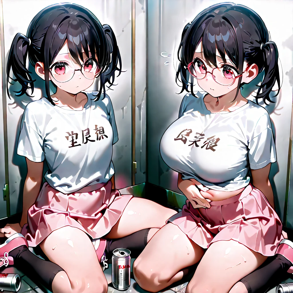 Underwear, No jacket, Cute bra, Falling on the bed, Showing off your crotch, Hands on your crotch, Clear liquid leaking from your crotch, Cute underwear, Long bangs, dimly lit warehouse, Smiling girl, , Big breasts, Black hair pigtails, Patsun, Black hair, brooding, glasses, chubby,, red cheeks, ecstasy,