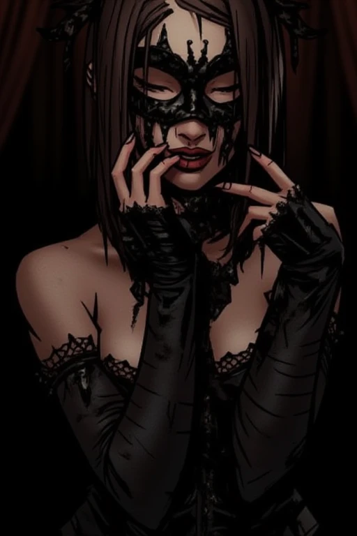 Tori Black lace catwoman heavy black eye shadow long black eyeliner black outfit incredible and fantastic face mask sharp claws shredding the bed sheets posing on a sensual bed fierce expression dark ambience