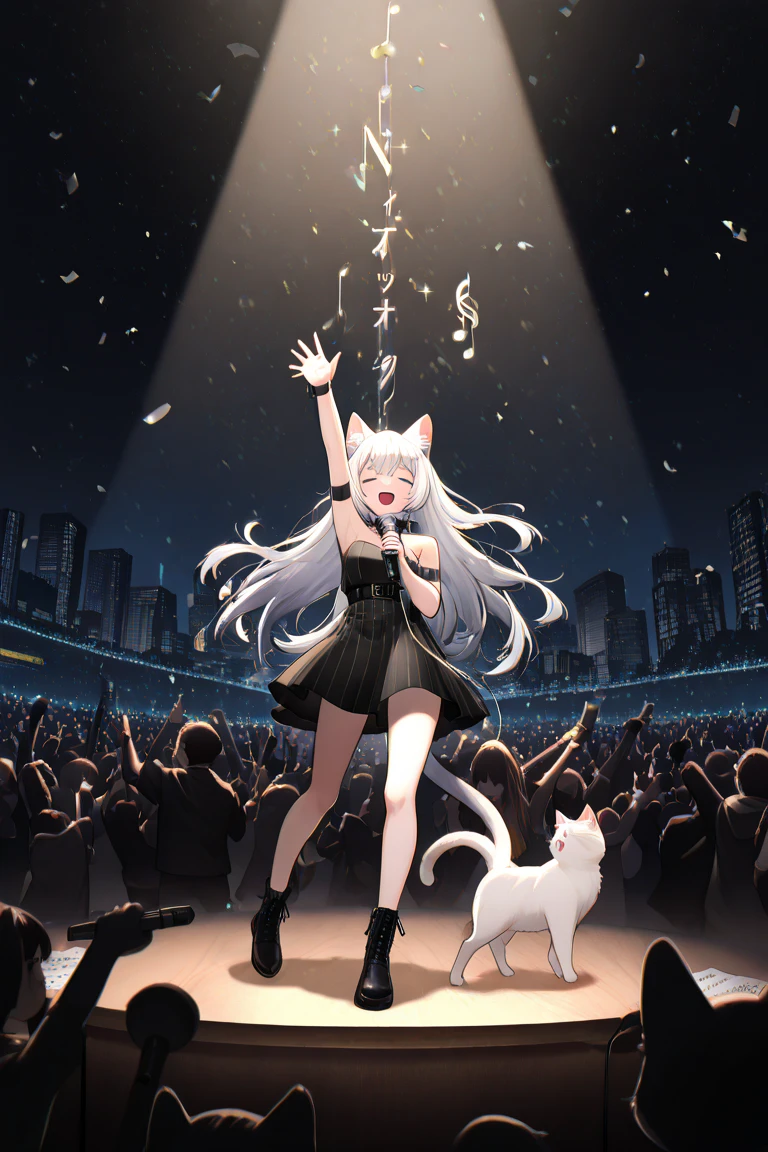 high quality, 最high quality, High resolution, masterpiece, 最高masterpiece, 8k, Cat用のアイドル衣装を着ているCat, On live stage, Not personified, 前足2Book, Hind legs２Book, Stand in front of a microphone, Cat