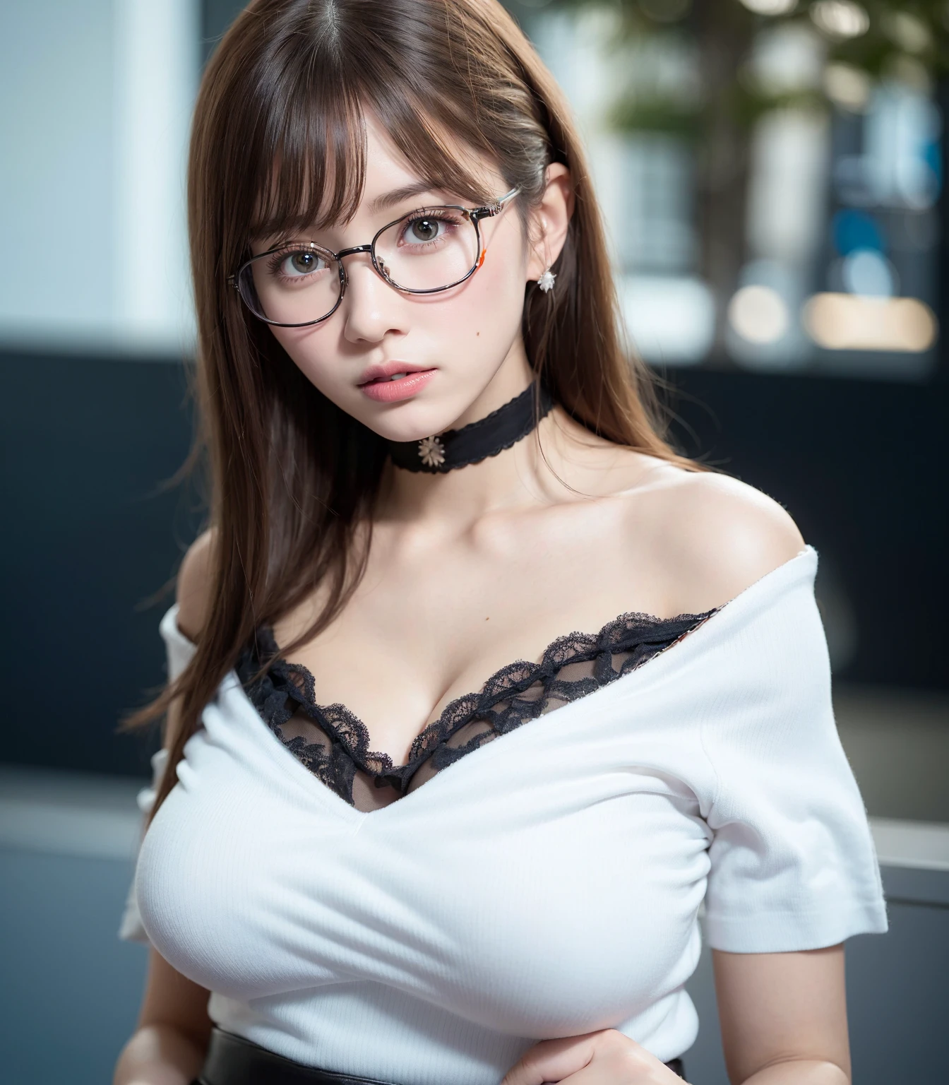 ((Huge boobs:1.0 )), Lewd teachers in schools、1 girl、full bodyesbian、Slender figure、Red-rimmed glasses、white  shirt、ultra gigantic 、cleavage of the breast、Bra shows through and are visible、Tight mini skirt in leather、garterbelts、Stand in front of the chalkboard、glareing、japanes、