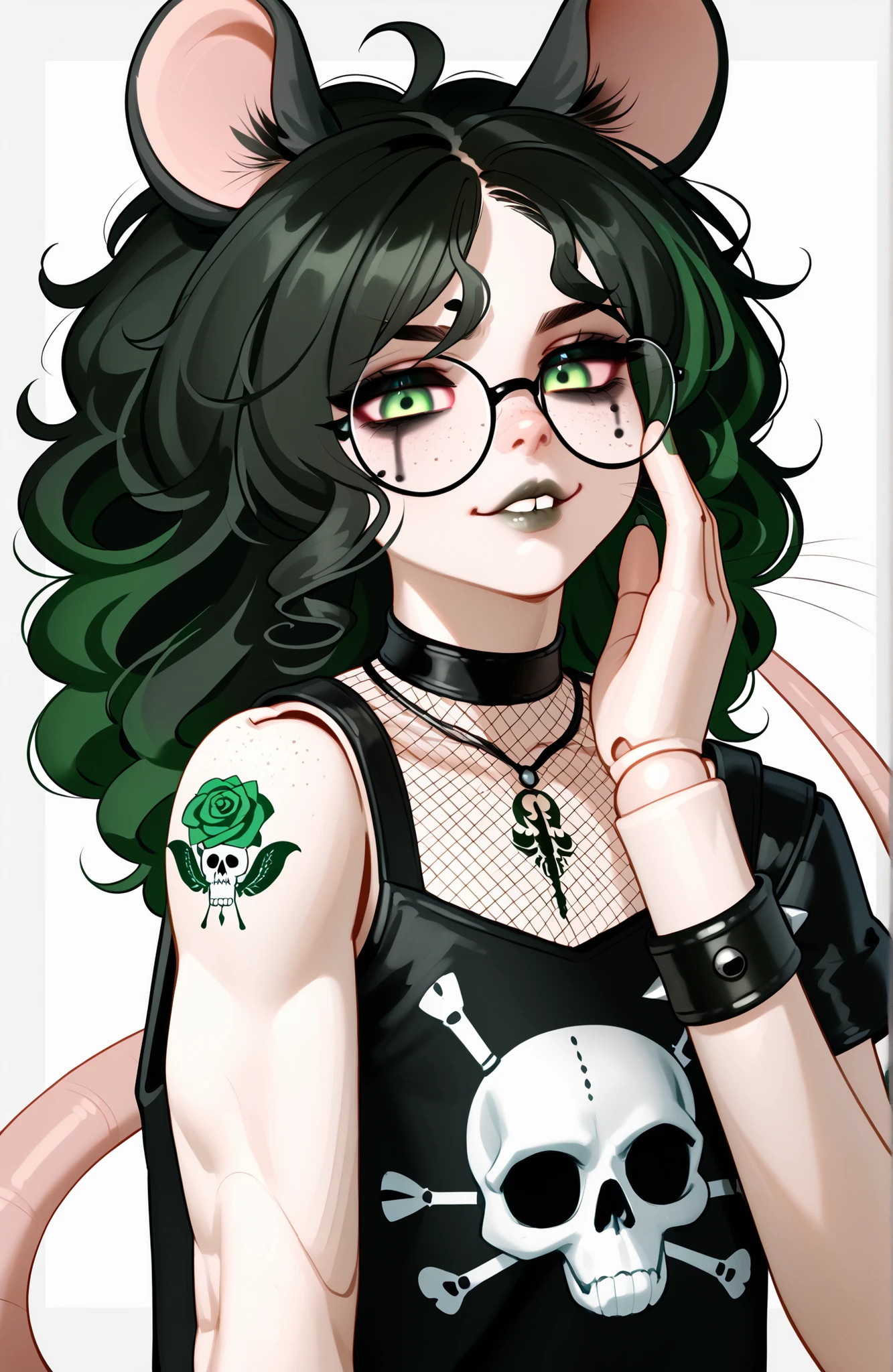 (Tall male), (black big curly afro with green highlights), (Green streaks in hair), (green eyes), (glowing iris), (black choker), (black leather bracelets), (Viking jewelry), (Black Rose Tattoo on right shoulder), (Silver necklace with a green jade skull trinket), (fingernails), (green nail polish), (Long curvy fit legs), (freckles on face), (freckles on shoulder), (Dark Grey lipstick), (rat ears), (black ears, pink inside), (chipped right ear), (rat buck teeth), (white sclera), (rat nose), (rat tail), (anatomically correct rat whiskers), (goth makeup), (plump kissable cupid lips), (half open tired eyes), (glasses),(Flat chested), 8k quality, highly detailed, Persona Art Style, perfect detailed face, Fit upper body, Fit muscular arms, detailed muscles, Tomboy muscle build, detailed eyes, perfect detailed hands, accurate detailed doll joints, detailed thigh doll joints, detailed doll joints, detailed doll neck joint, detailed lips, 80's、comics, femboy, cute、80'sアニメーション、score_9, score_8_up, score_7_up, (One) elegant, Cheeky pose, Focus on face, Top half photo, Gothic Skull Mesh Crop Top, Gothic Punk Gothic Cargo Pants, Close up view, Close up view on face, Portrait oil Painting, realistic painting style, cute rat-like facial features, anthropomorphic, anthropomorphic face, Cute flirty Expression, sharp rat claws, fierce eyes, sitting, legs crossed, full furry anthro