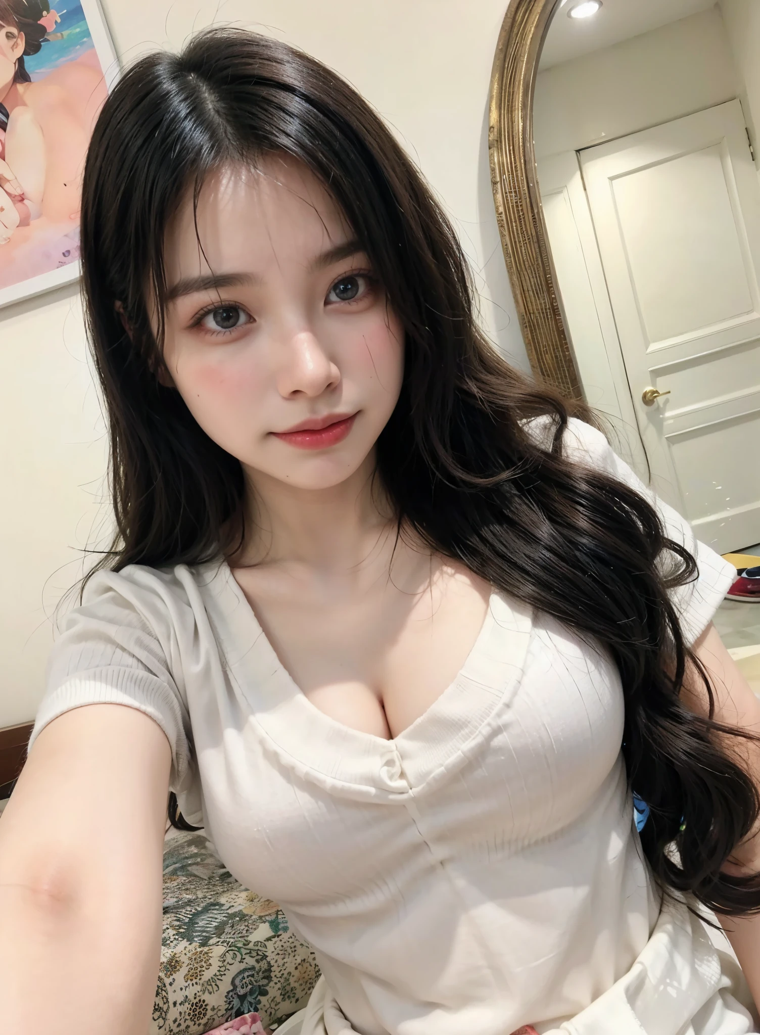 (real, High resolution:1.3), One girl with a perfect body, Very beautiful face and eyes,Long Hair, Random color short sleeve T-shirt:1.2,Baggy sweatpants , Showing a little cleavage