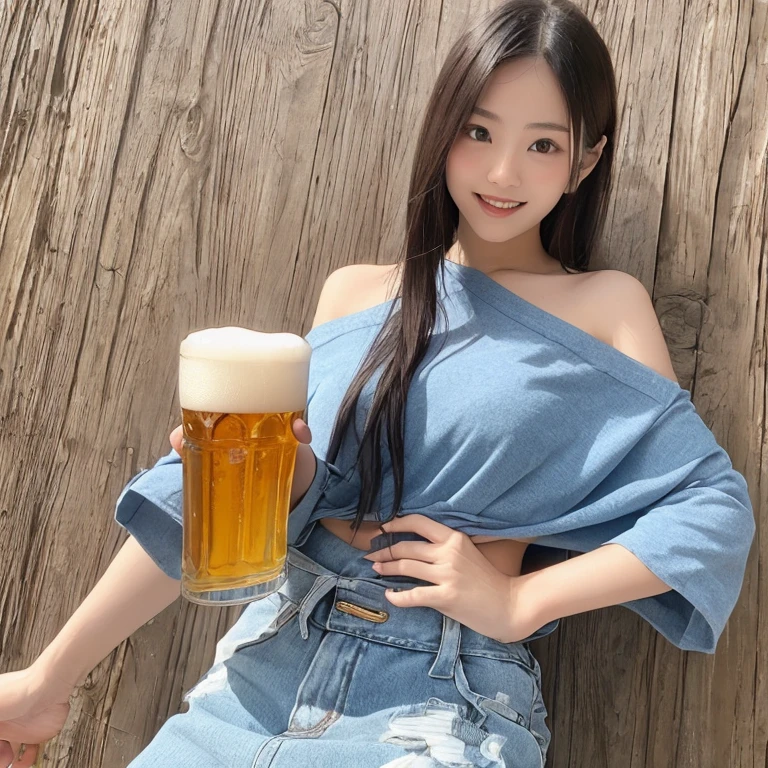 Top-quality Realistic, Official art, Highly detailed CG Unity 8k wallpaper,(masterpiece:1.3), (8k, photorealistic, RAW photo, best quality: 1.4), (1 girl), pretty face, (realistic face), (black hair, medium hair:1.3), beautiful hairstyle, realistic eyes, detailed fine eyes, light makeup, red lips, (realistic skin), beautiful skin, (breasted top), beautiful cleavage, beautiful Mature body, absurd, attractive, super detailed resolution, surreal golden ratio, very detailed, full body, Japanese Idol,(dark blue dirndl:1.3),(Traditional German Costume),BREAK,(Heart shaped necklace),(Triangle ornament earrings),BREAK, (gentle smile like a goddess),(Waikiki sandy Beach:1.3),sitting position,(sitting on Shoreline:1.3),A fun smile,(close-up), (ground level shot),(nsfw:1.2), (embarrassed,blush:1.3),(holding beer mugs in both hands:1.3), (A fun atmosphere)