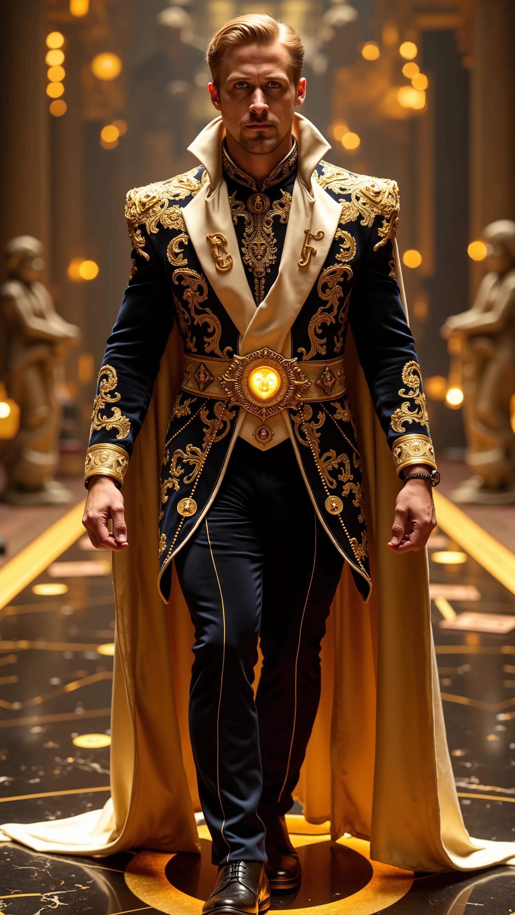 Ryan Gosling reimagined as a majestic luxury symbol of Blackjack game, walking and holding a glowing golden deck of enchanted playing cards, 1 male, tousled sandy blond hair with a soft shimmering effect, piercing icy blue eyes, chiseled jawline, flawless features, an enigmatic confident smile, he is wearing an opulent fantasy suit crafted from deep black and midnight blue velvet, richly embroidered with golden spades, hearts, diamonds, and clubs, flowing patterns of card suits woven into the fabric like living veins of light, his broad ornate golden shoulders shaped like crowned spades, beneath it a high-collared ivory silk shirt embroidered with luminous miniature cards and the number 21, around his waist a wide royal belt adorned with precious gemstones shaped like card suits, delicate golden chains hang from the belt carrying tiny floating playing cards that shimmer as he moves, a majestic cape of translucent dark silk trails behind him, covered in glowing blackjack hands and radiant ace symbols, his black leather boots with golden heels leave faint glowing card imprints with every step, in his hands he holds a radiant swirling deck of black and gold playing cards orbiting around his fingers, each card displaying magical blackjack symbols, shows his male character’s full figure, athletic body, broad shoulders, perfect face, full body, extremely beautiful, god, male shape, perfect anatomy, the background showcases a breathtaking fantastical palace built entirely of glowing black marble and gold, the floor is an enormous blackjack table stretching endlessly like an enchanted arena, giant monumental statues of kings and queens of cards rise along the sides, glowing numbers 2 through 21 float gently in the air, golden auroras swirl above, casting a surreal magical glow, the sky filled with slow-drifting massive playing cards like ancient guardians, the entire world feels like a sacred kingdom devoted to the art of blackjack, photorealistic, masterpiece, realistic, h