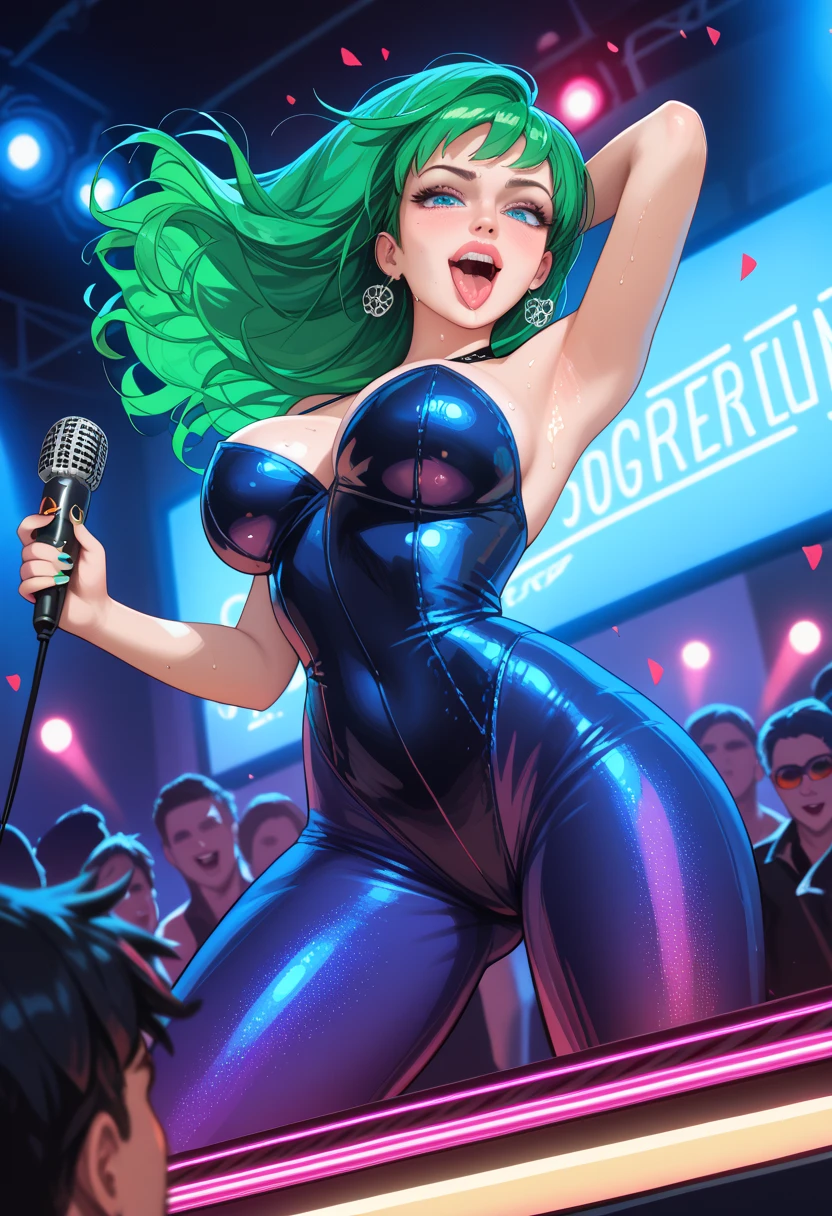 Billie Eilish, long hair, neon green hair, black highlights in hair, cleavage, huge breasts, massive breasts, (big breasts:1.4), singing on stage, singing in front of crowd, out of breath, holding microphone, hourglass figure, big nipples, nude, naked,