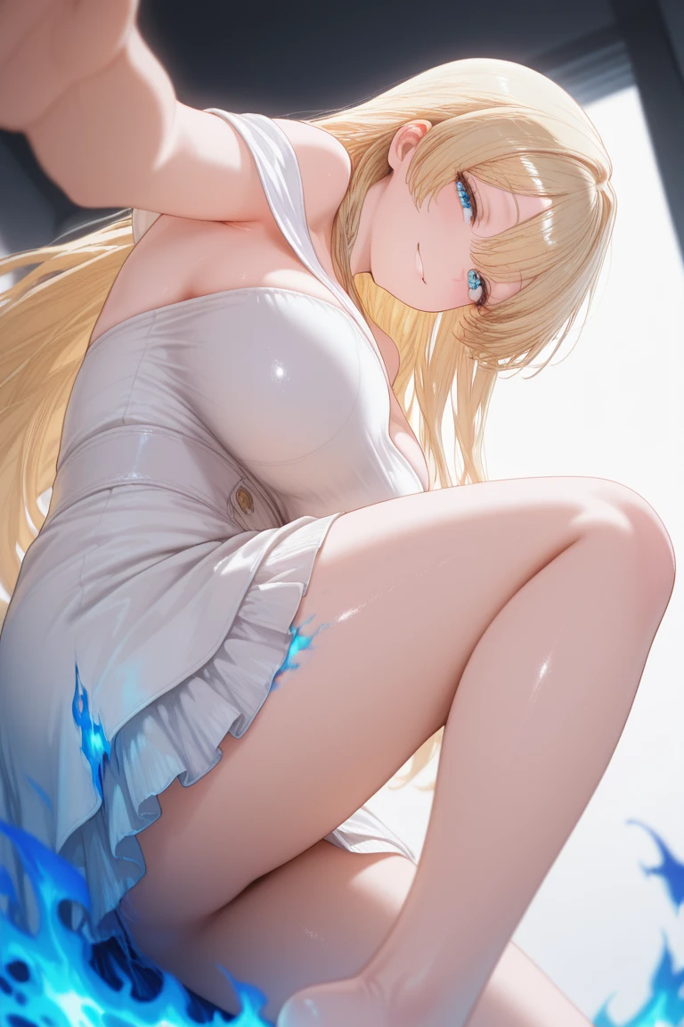 solo, 1girl, simple background, ((middle breasts)), middle hair, blonde, from below, panty