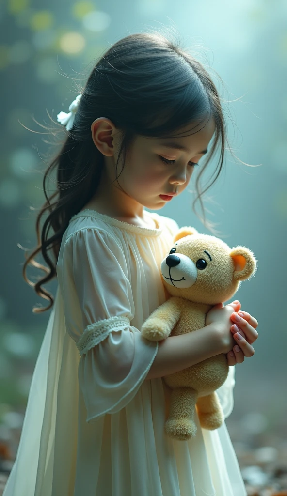 Hello, I need to generate an image with a black background, of a sad  girl with blonde hair hugging a teddy bear.