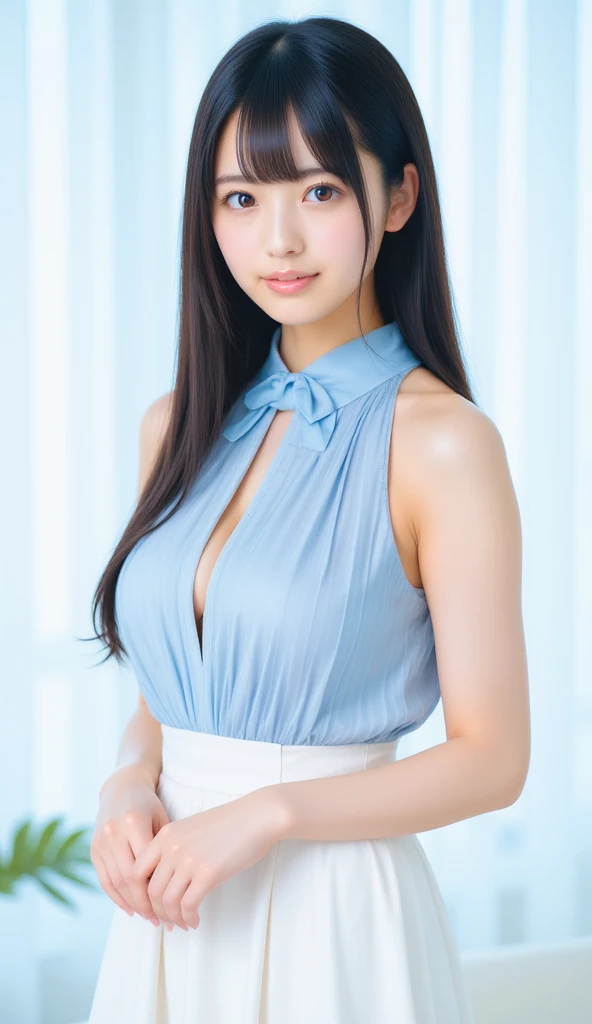 See-through tops、Big Breasts、cleavage,NAKED Camisole、bare shoulders,(White wall as background、Some of her hair is sky blue:1.4)、White wall、In front of a white door、(A room with a white wall and a window)、((Highest quality、8K、masterpiece:1.3))、Ultra-high resolution、(photoGenuineistic:1.4)、RAW Photos、Japanese,(face)、Genuine、Photographed in natural light、Highly detailed face and skin texture、Highly detailed lips、The correct state of the human body、Medium Hair、Black Hair、Various poses、Natural color lip,droppy bigeyes,toothy big smile