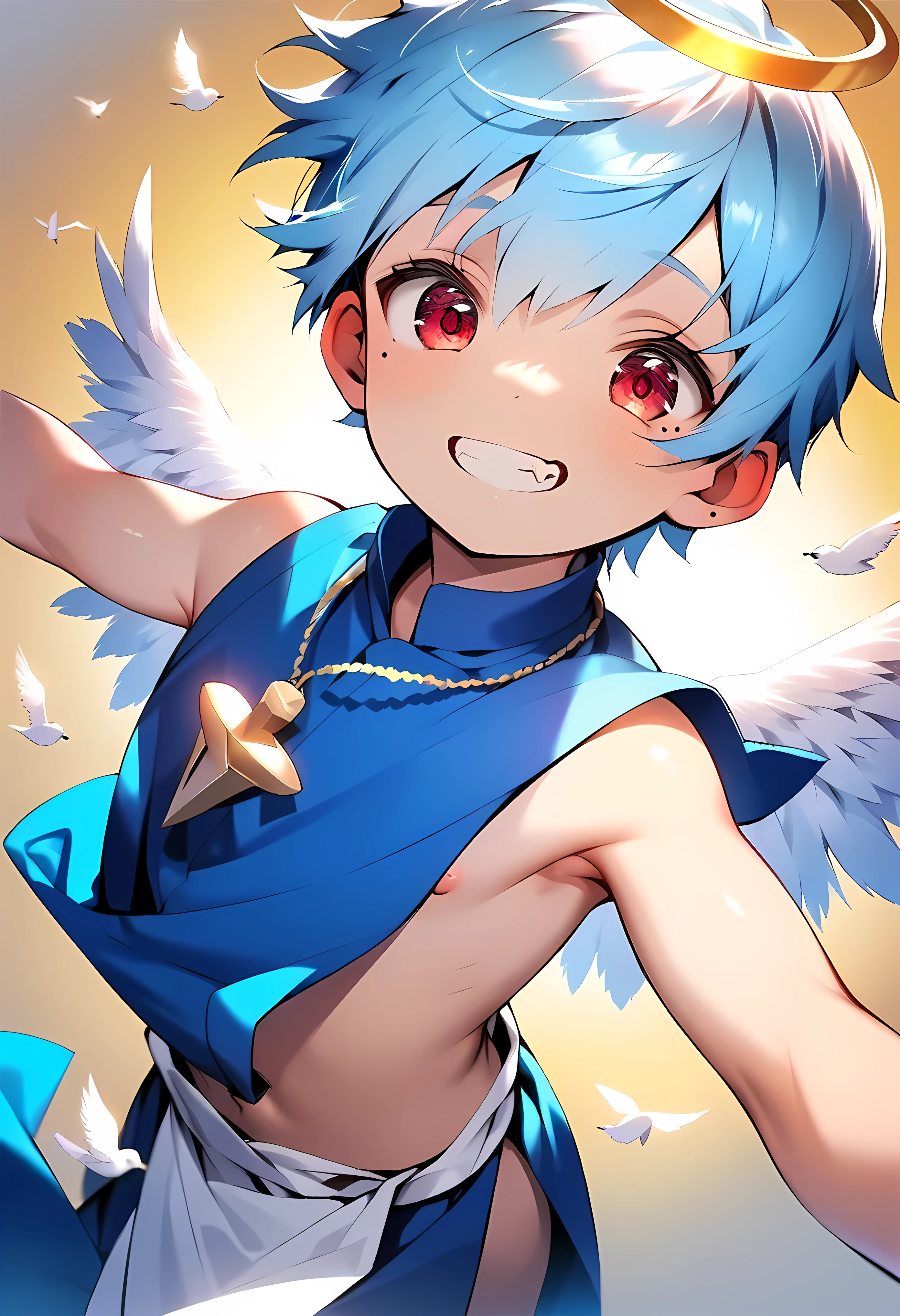 (solo:2), (boldline:-1.7), (singing:1.5), (spread arms:1.3), (arched back:1.1), (rainbow:1.5), (twin angel wings on his back:1.6), (halo on his head:1.3), (Indian style sitting on rock:1.5), (musical notes:1.5), (((fang))), (((best finger))), (((best arms))), (((best legs))), BREAK (best quality:1.5), (absolutely resolution:1.4), (ultra detailed:1.5), (masterpiece:1.5), (perfect face), (detailed face), (detailed eyes), (best eyes), (cute face), (shota:2), BREAK (topless:2), BREAK (white loincloth:1.5), (bulge:1.6), (skinny:1.3), BREAK (light blue hair:1.5), (spiked hair), (wine red eyes:1.4), (eyes with highlight:1.6), ((mole under eye)), (sweaty skin), (singing:1.4), ((earrings)), (smiling), (chuckling:1.5), (shiny skin:1.3), BREAK (top of hill:1.5), (grass:1.5), (sunlight), ((wind blowing)), ((nipple)), (abs), (groin), (from below),