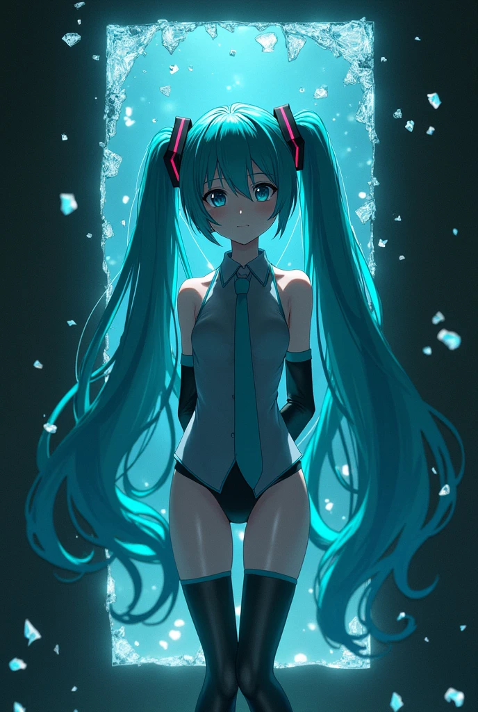 (quality)), ((masterpiece)), Recommended resultsluffly、(see through:1.5)、whole body 、Swollen nipples，straighten your back、huge bust、angle to floor:1.2、low camera angle、Hair loss on crotch、Whole body facing the camera，Hair can be seen on the crotch，Hatsune Miku, Fluorescent milky white，Blue-pink pupils，Blue and White Clothes，Super nice looking, Very sweet and lovely face，Light of faith，blue tie