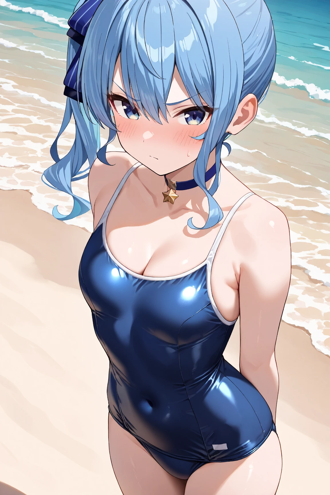 ((1 girl, alone, alone, Ako Amau, big breasts, flushed cheeks, swimsuit, whole body, shortcut, Short hair, exposed))