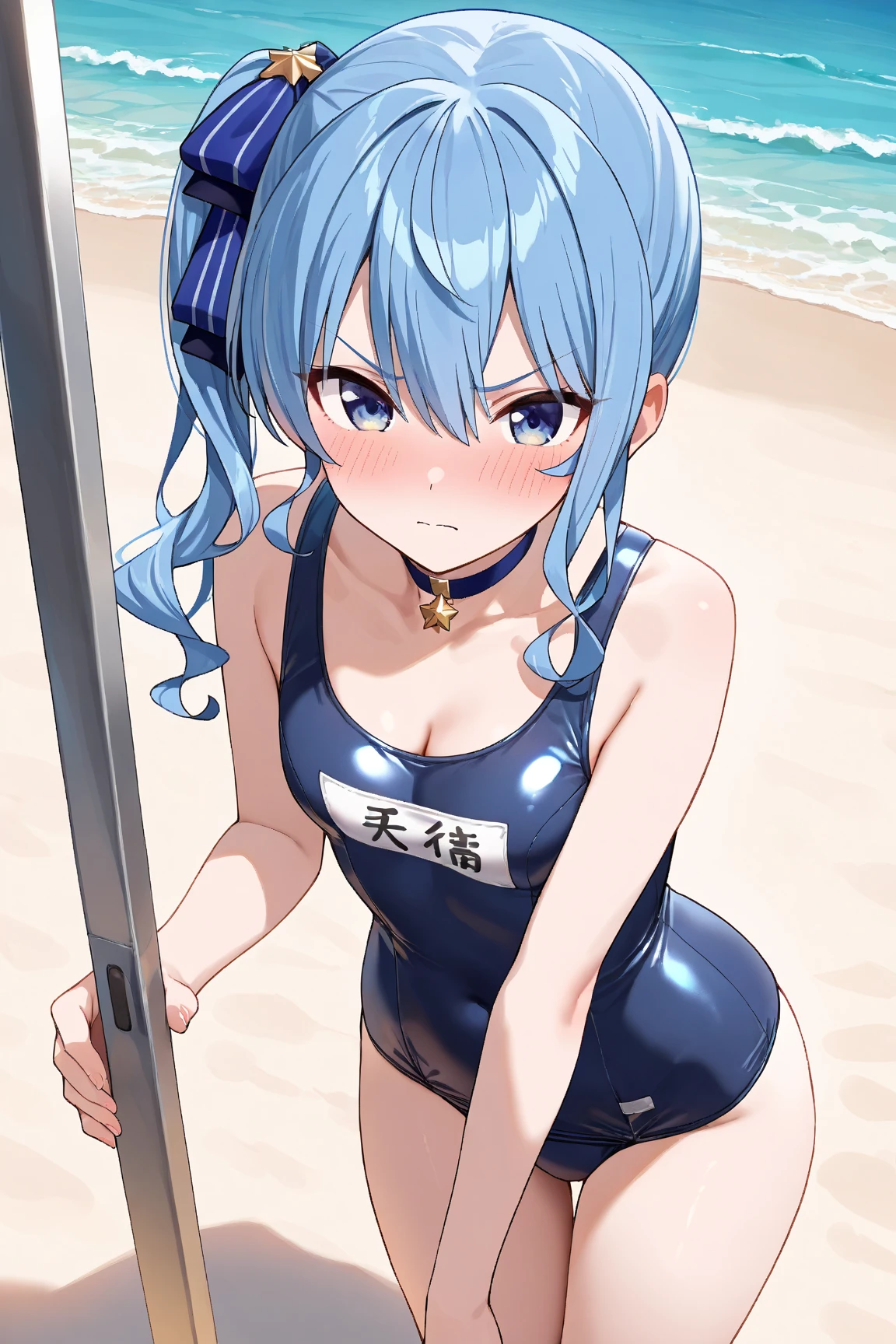 school swimwear、Acme Face、Random pose、short hair、Blue Hair、、hair over one eye、、nsfw、Highest quality、1 girl、solo、Ocean、Sexy pose、Random pose、Blushing、Wet、Embarrassed