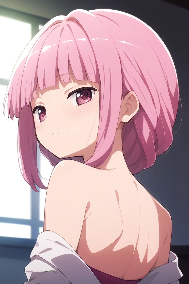 masterpiece, best quality, movie still, 1girl solo, female focus, looking at viewer, smiling, upper body, depth of field, (watercolor illustration, soft pastel colors:1.1), realistic, pink hair, white eyes, naked, perky breasts