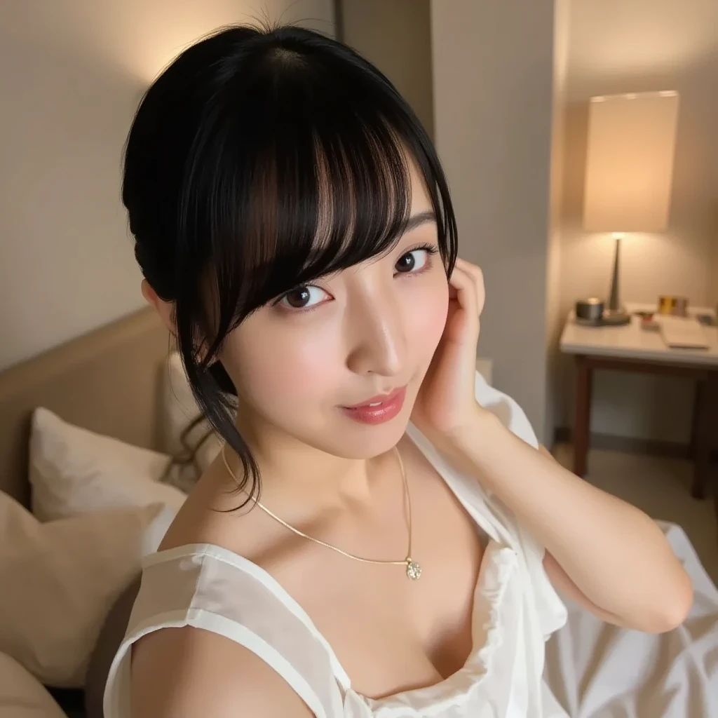 ((Vibrant color purple sexy bra and panties))、cute little、非常にA detailed faceと肌の質感、smooth white skin、F-cup、Colossal tits、Big breasts、beautiful and well-shaped breasts、age19、A detailed face、ultradetailed eyes、Bright brown hair、Bright brown eyes、blush、frontage、Looking at the camera、Beautiful Women in Perfect Style:1.4、Japanese Models、Young gravure idols、若いcute littleグラビアアイドル、Realistic Young Gravure Idol、sophisticated gravure idol、beautifull asian girl ever、the woods、((top-quality、in 8K、masterpiece:1.3))、(4K、RAW Photography、top-quality)、1girl in、Pretty women、(reallistic、フォトreallistic:1.37)、natural soft light、close-up of woman、奈良美智、from waist up、From the knee up、thighs thighs thighs thighs、Place a person on the other side of the screen、Troubled face、Anxious face、Woman looking down、Surprised woman、poneyTail、((a bedルーム、a bed、frontage、walls、Hotel、Suite Room、opulent、Luxury、high-class sense、1Photo))、((top-quality、in 8K、masterpiece:1.3))、(4K、RAW Photography、top-quality)、