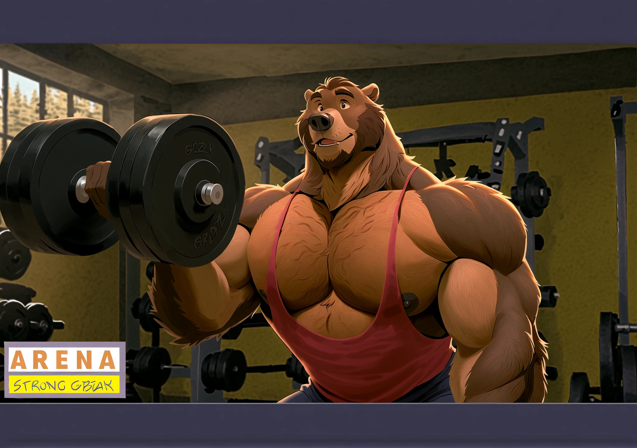 strong grizzly bear daddy,Brown fur,short brown hair and beard,Manly,Sit on the bench,holding two dumbbells in two hands,Only red tank top and gym shorts,Bright and tidy gym,window,weight equipments,bodybuilding, working out, More details, by Disney