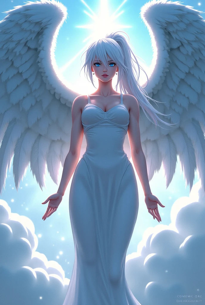 I want a beautiful woman, with hair with white and light blue hair, lilac eyes, a 6 winged deity, with multipersonality, wearing a pearl necklace, using her anime style elemental powers in combat stance