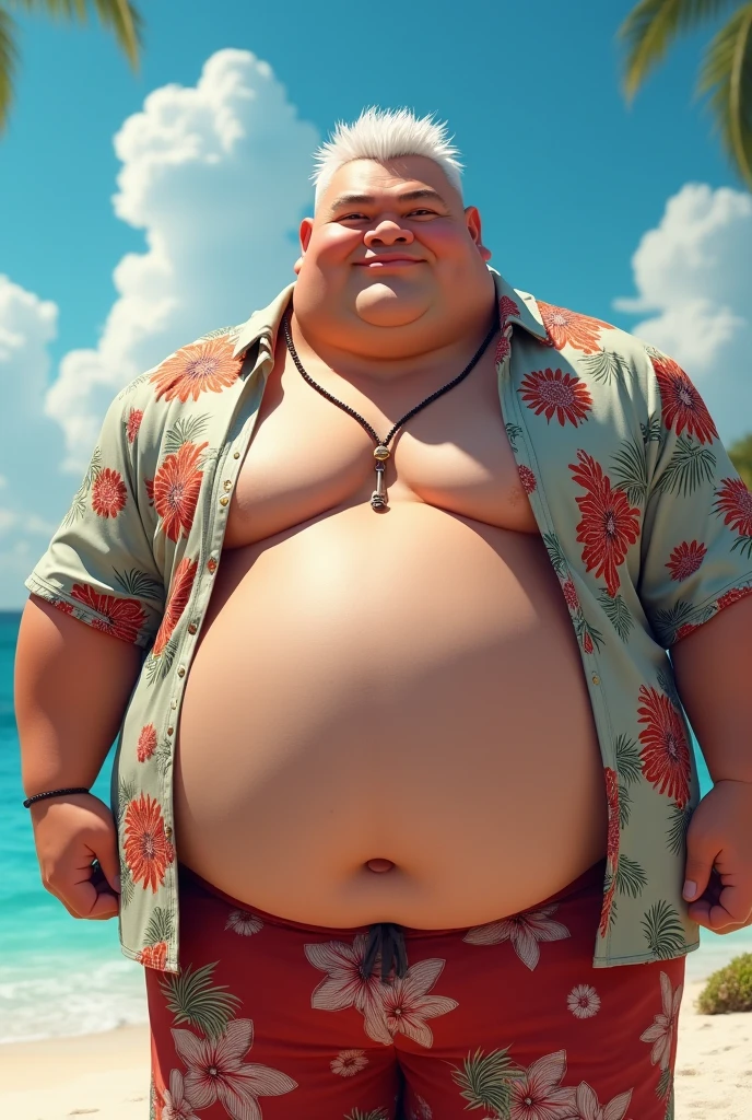 Only plump chubby extremely thick thighs large belly fat he is a lifeguard and he is wearing only white or green or gray swimming trunks full body photography , foto3D estilizado, Arnold Maya render