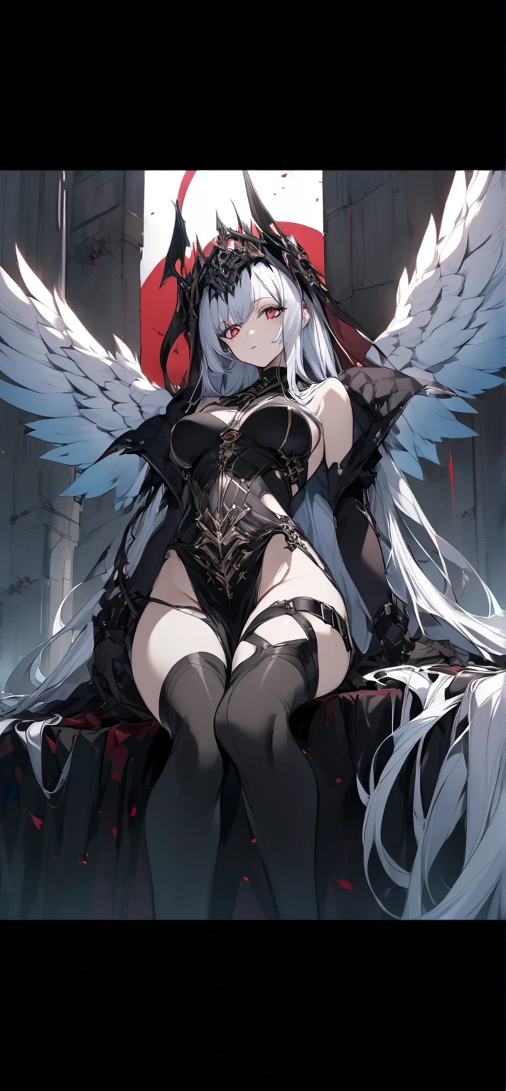 ((Best quality)), ((masterpiece)), (highly detailed:1.3),a woman long grey hair, bangs, big boobs, red eyes, demon queen sitting on the throne horns wings corset of extremely brave leather