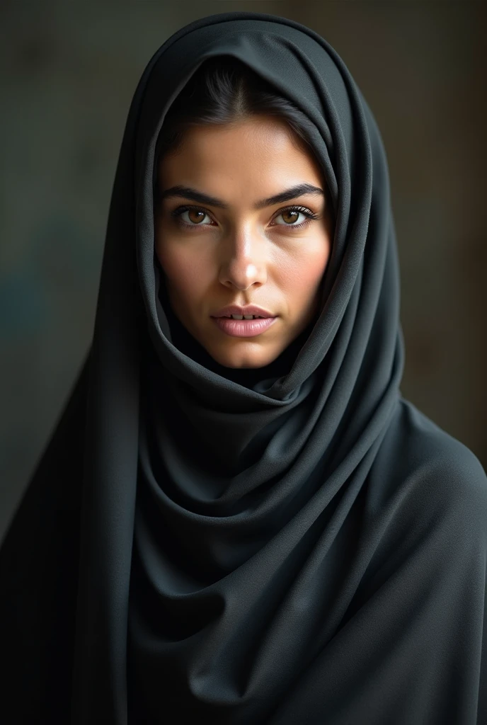 (photorealism:1.2), portrait of a young afghan muslim woman wearing hijab, abaya, no chin dimple, not smiling, looking at camera, frontal view, standing streight, UHD, 4K, very high detail, hyperrealistic