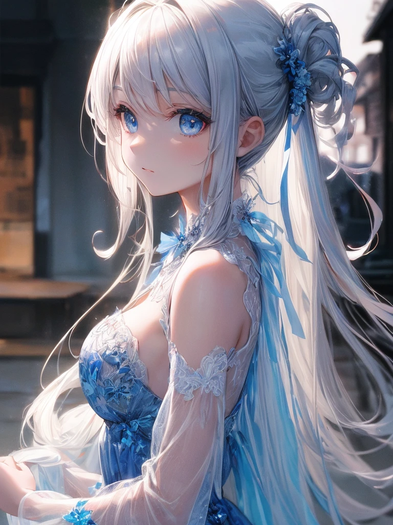 A beautiful woman with long white hair, gorgeous blue eyes, Ultra HD (ultra detail) looking at the viewer wearing a pretty modern dress with a neckline sitting next to a beautiful tall man with black hair, high resolution, soft focus, using magic