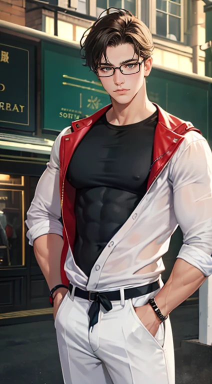 (absurd, A high resolution, ultra detailed, HDR), masterpiece, Best quality, Portrait of a boy, attractive guy with red eyes, detailed face, professional photo, Мужчина Алафед shirtless, Fight comfortably，legs open, (down jacket(from below:1.1)), Focus on your audience,18 year old boy, attractive guy, [ Firmly defined body ]，shirtless，The body is wrapped in a white bandage，press，pectoral muscle，short white trousers，large bulge，white shoes，