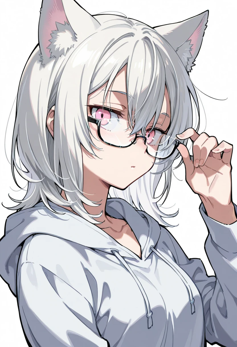 White hair, large breasts, mature woman, wolf ears, pink pupils, wearing white T-shirt, wearing a black jacket, wearing plastic-rimmed glasses.,long hair.