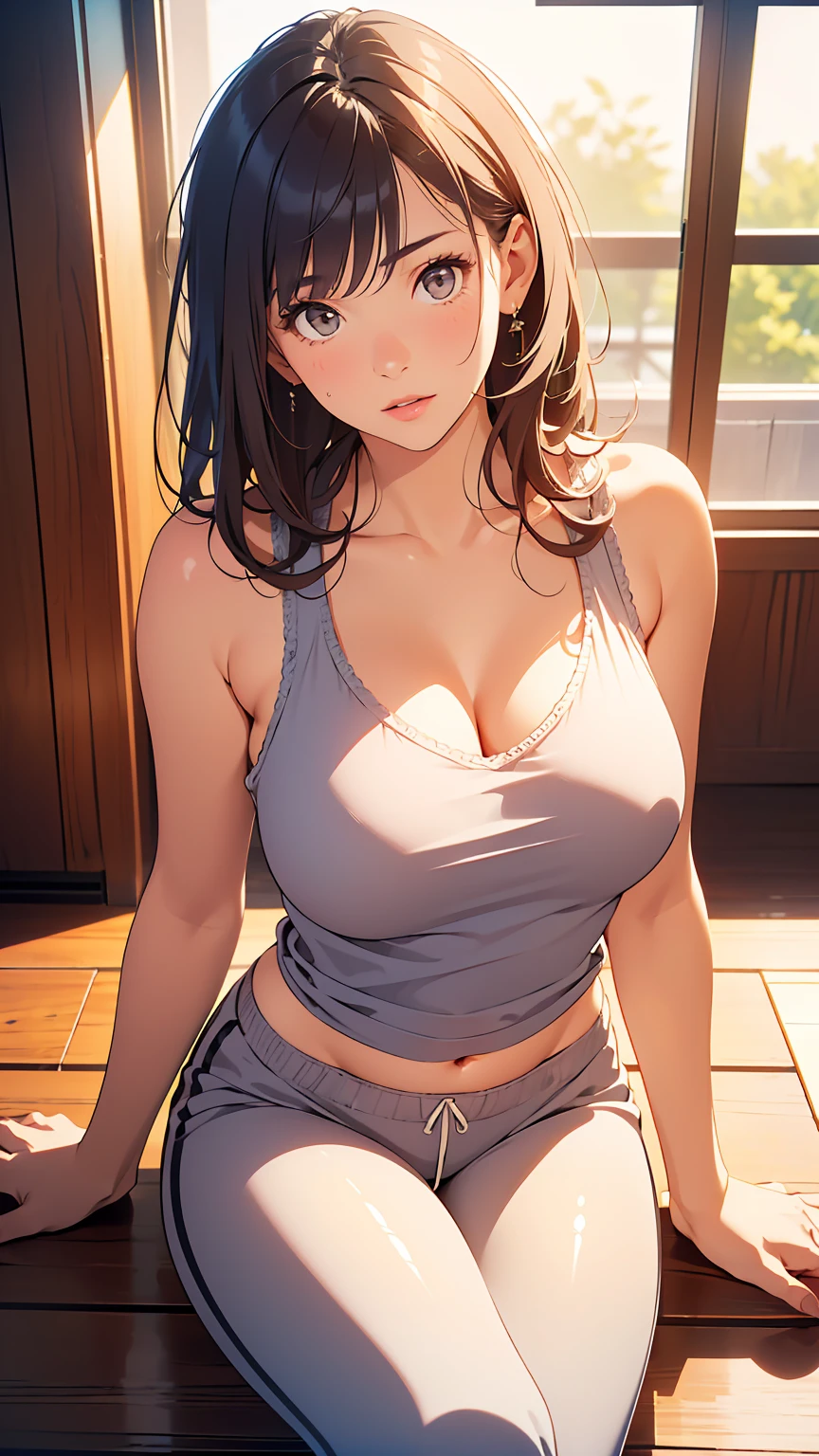 a very sexy anime women in running shorts and no bra sitting down in barstool, 1girl, solo, breasts, sitting, long hair, short shorts, cleavage, looking at viewer, curtains, blush, navel, window, dolphin shorts, indoors, large breasts