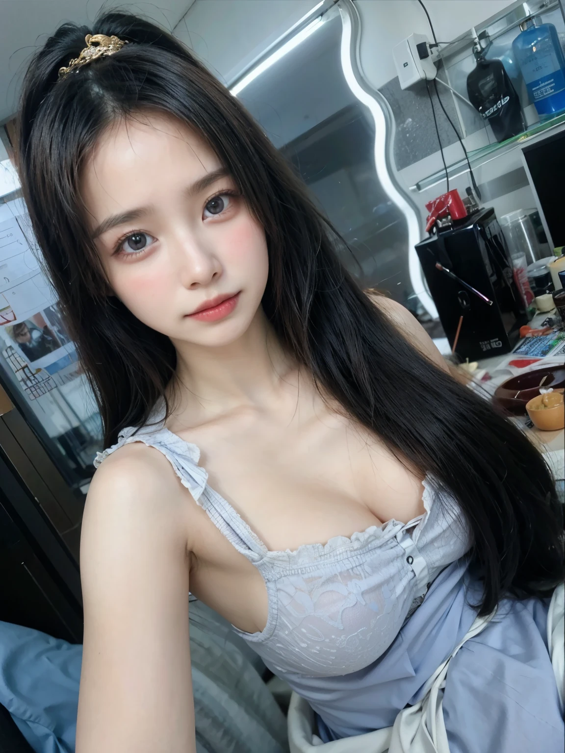 (masterpiece,best quality:1.4),(8k,raw photo,photo realistic:1.2),(shiny skin),detailed skin,detailed face,detailed eyes,((Sparkling gray eyes))Detailed Background,Detailed hands,1girl,(twin-tail, long hair,),self, upper body,sitting on a bed, very beautiful cute, beautiful asian,((chinese model)), girl cute-fine-face, (korean girl),  Detailed cute teen bra,panties,blue big hair ribbon