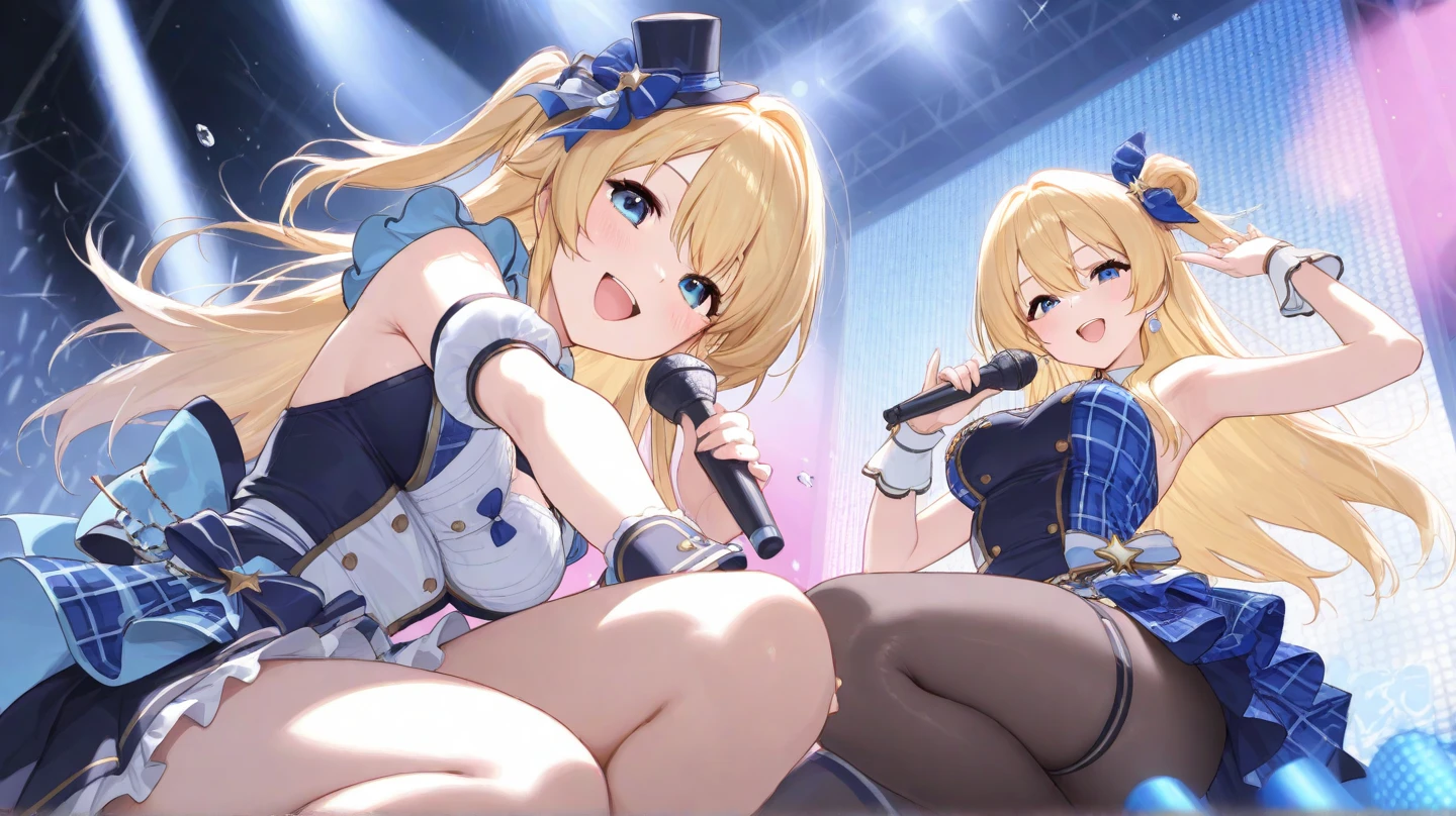 (Two adult women:1.3)、The exact number of fingers、Exact number of legs、Exact number of arms、bangs, Ribbon Ponytail, ブロンド hair, (blush:1), (Two women with one hand inside their セクシーpanties:1.8), fingering, (pussy juice:1.2), cum in mouth, (Two women are singing using microphones:1.5)、white and navy idol costume、The costume comes with a navy blue idol-style corset.., The costume has a ribbon attached to its collar..、It is a costume that covers up to the shoulders., side, upper arm, and arms., That costume only opens wide at the chest..、high socks、white idol style skirt, (Underwear with elaborate and luxurious decorations:1.3), Ribbon at collar., (Light blue horizontal lace shorts with plenty of lace:1.3), light blue lace bra:1.2), sexy underwear, Thighhighs、 beautiful big breasts, (erect nipples:1.2), The skirt is rolled up、highest quality, High resolution, (fine and beautiful eyes:1.6), highly detailed face, perfect lighting, Very detailed CG, (perfect hands, perfect anatomy),embarrassed look、The expression of someone who is holding back from going to the toilet, (Sexual pleasure expression:1.4), (expression of agony:1.2)、close your eyes、sexy look、look up、mouth half open、climax、(live stage、a lot of spectators:1.5)、Mike stand、whole body