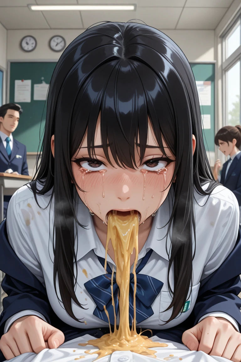 nsfw,,fellatio,sucking a penis, kneeling pose,tanned skin girl,solo, (black hair),short hair,bukkake,excessive cum,cum dripping,(happy and aroused),(bukkake on face),white dress shirt,school cardigan,pleated checked skirt,sideshot,at under bridge,curvy body,
