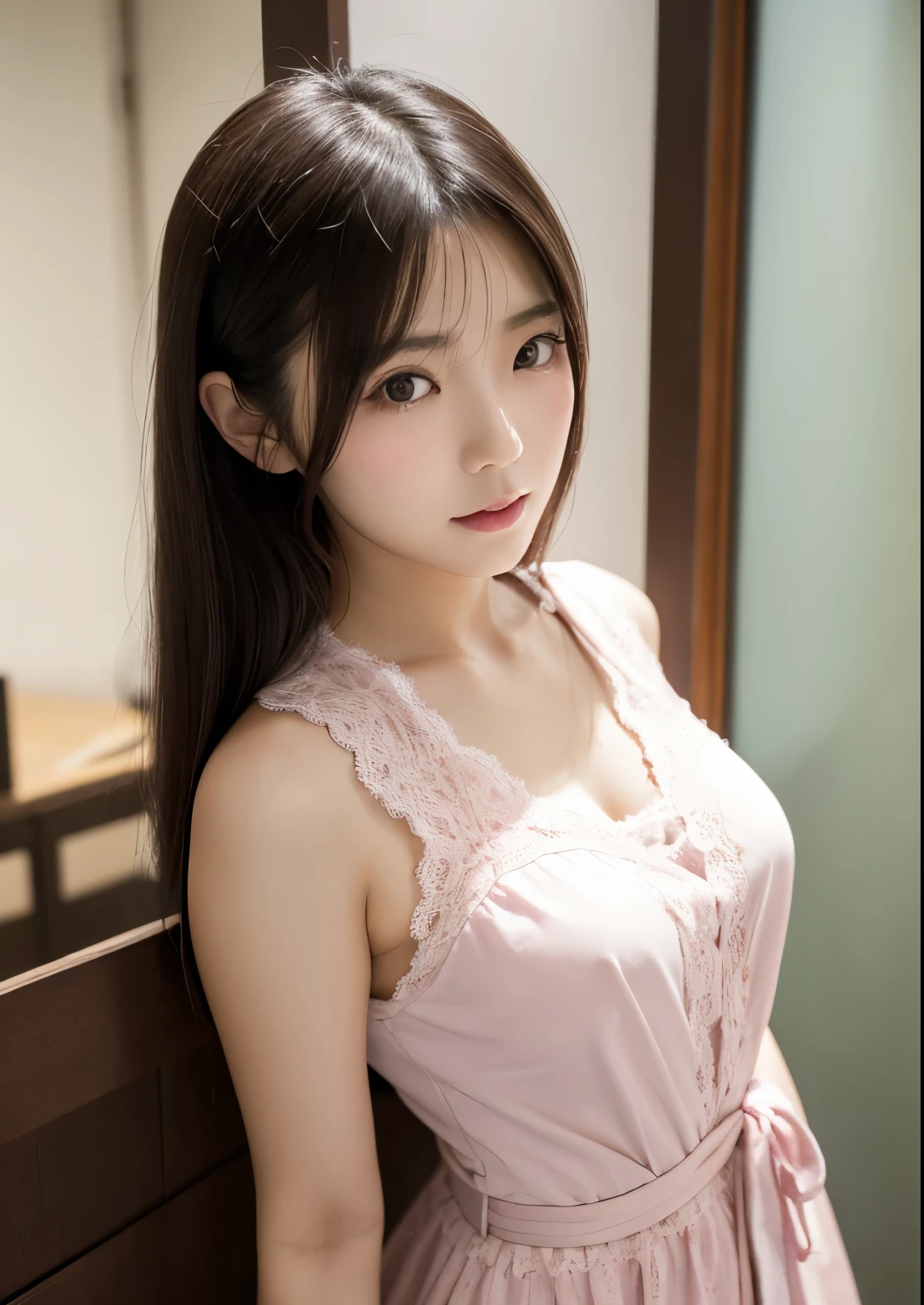 best quality, detailed, beautiful, insanely detailed, absurdres,perfect anatomy, Japanese female,black hair,27 years old, (slender), (small breasts best quality),
happy, laughing, sitting, low twintails,(lace bra:1.1), (wearing a gray loose t-shirt),(cleavage:1.5), (downblouse:1.6), half body photo, from above