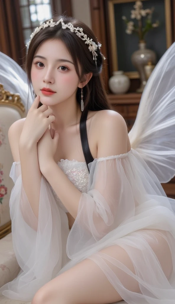 there is a woman sitting at a table with a plate of food, ethereal beauty, soft ethereal lighting, delicate soft hazy lighting, ethereal and dreamy, aesthetic cute with flutter, dreamy and ethereal, light effect. feminine, with ethereal light, by Leng Mei, by Ye Xin, beautiful soft lighting, soft butterfly lighting, inspired by Huang Ji, soft light dull mood