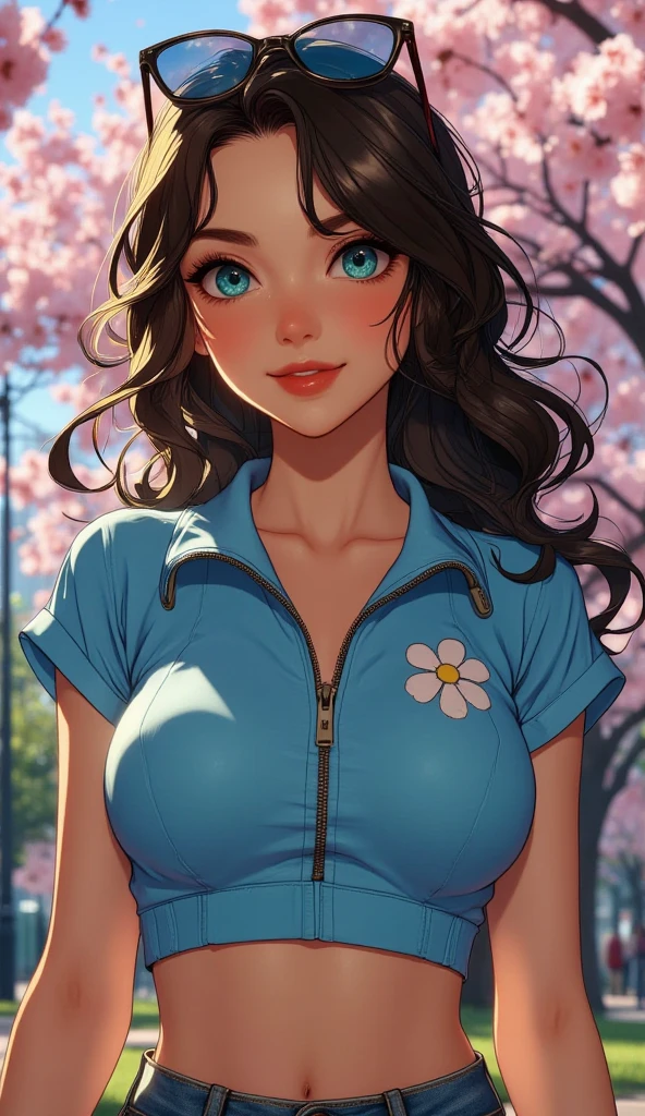 nose piercing, standing, jewelry, BABY-BLUE jumpsuit (insanely detailed, beautiful detailed face, masterpiece, best quality), cleavage, piercing blue eyes. TWIN-TAILS. BEAUTIFUL COMBO OF SELENA GOMEZ AND Beyonce. dd-cup sized breasts. short and dainty. happy, smiling cheerful face. Skipping in a magical meadow of daisies. Magical realism. 1950s Panovision 70. 4K Ultra HD, Extreme Detail And Intricate Realism. Stunning 2D Vector Detailed clear. lifelike.
