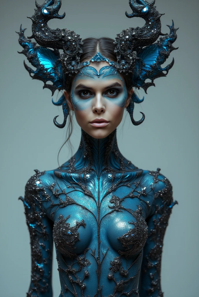 Hr giger tattooed sexy seductive dead girl, perfect face, hyper detailed neon sapphire eyes, full body view,