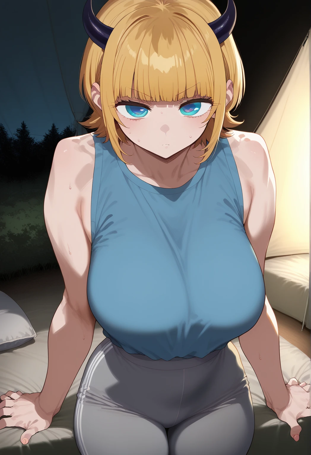 Meisterwerk, absurdres , (Komplizierte Details), (bunt),Filmische Beleuchtung,bust shot,extrem detailliertes CG Unity 8k Wallpaper,Lehrplan\(Boruto\), 1girls, mid large breasts, reifes Weibchen,geschlossene Augen, Schreibtisch, schlafend, Hand auf dem eigenen Gesicht, Armstütze, upper body,white tank top,schwarze cargo hose, Spaltung, drinnen, Fenster, Sonnenlicht, ,