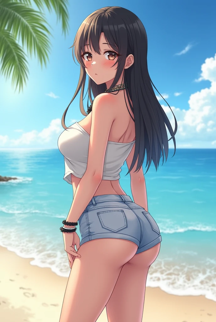 Busty brazilian babe at the beach, bimbo, walking, ass jiggling, hot, beautiful, happy, smiling, enthusiastic, from behind, almost naked, over the shoulder, up close, luscious fluffy hair, sunglasses, white micro crop top shirt, white micro bra, white high rise micro thong, baseball cap, red juicy lips, small waist, feminine, ((bottomless)), ass cheeks fully exposed, smooth shiny skin, strong thighs, wide hips, voluptuous round breasts, underboob, ((voluptuous round perfect ass)), ((underbutt)), perfect butt cheeks, (perfect sexy female form), max detail, max quality, ((photorealistic))