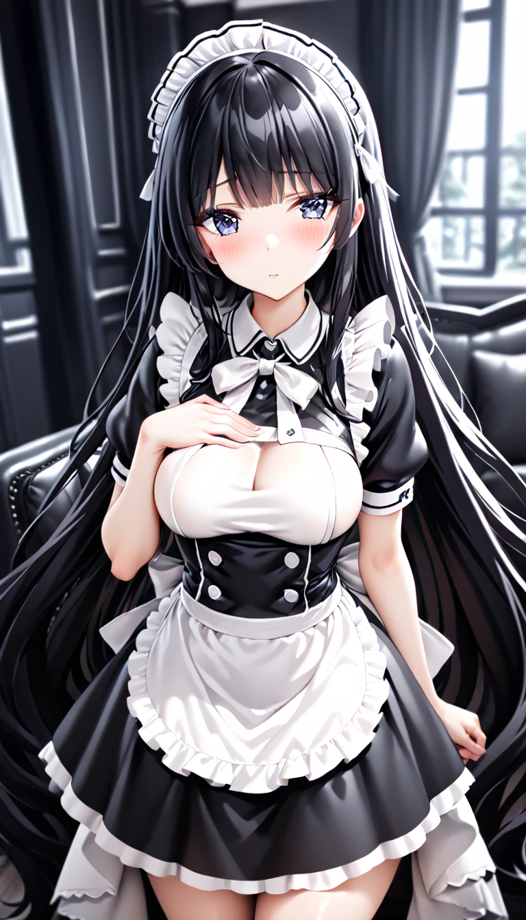 (masterpiece), best quality, ultra detailed, highres, (good hand),4k, high-res, (Hasselblad photography),(beautiful hands, perfect hands, fingernails),blunt bangs, two side up, closed eyes, lips,
1girl, solo, smile, long hair, black hair, blue eyes, huge breasts, collarbone, cleavage, eyeshadow, red eyeshadow,
maid, maid headdress, maid apron, thighhighs, miniskirt, skin tight, skindentation, garter straps,
v arms, standing, attending,
restaurant, indoors,
<lora:dtltwkr:0.7> <lora:ponsuke-10:1>