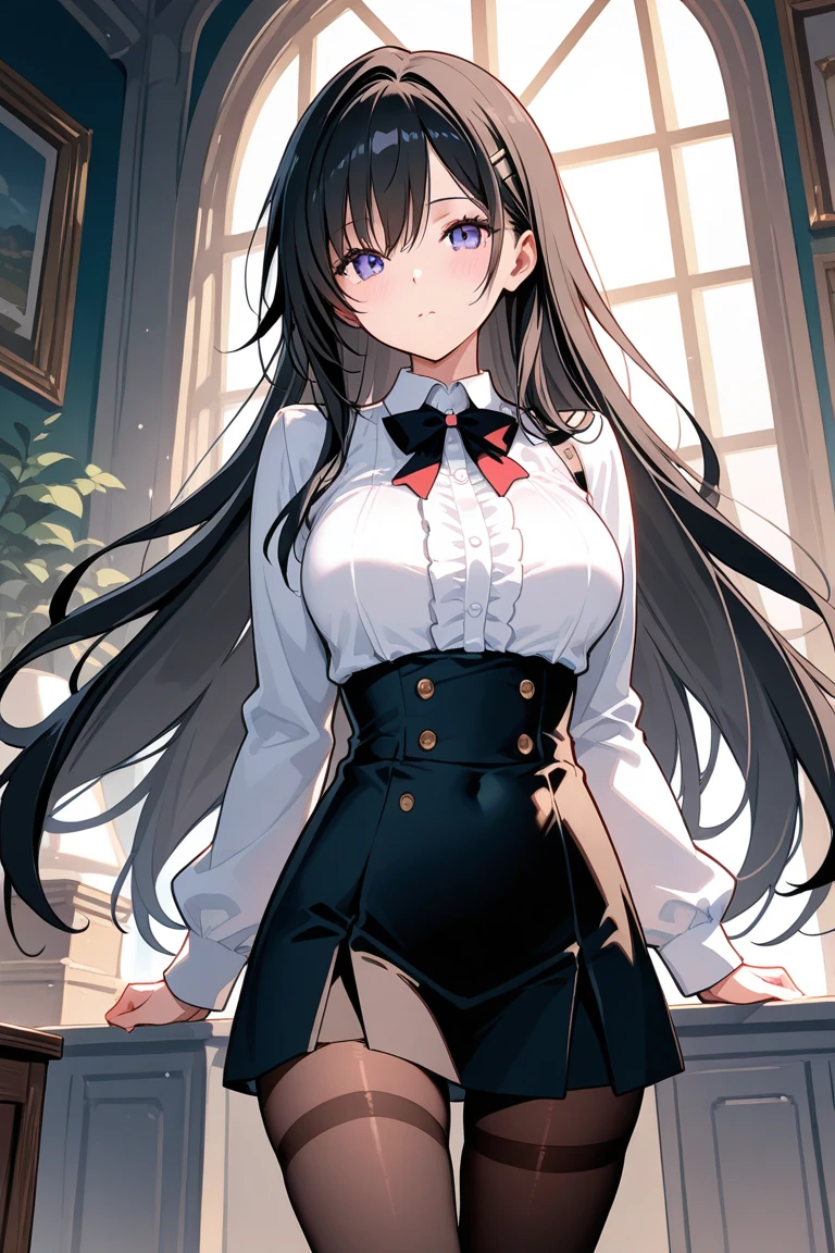 (masterpiece、Highest quality、Very detailed))、One girl、Black Hair、Long Hair、blunt bangs、Red eyes、evil smile、((Grin))、((lots of piercing))、((Large Breasts))、((black school uniform))、((Black pleated skirt))、((micro miniskirt:1.2))、thighs、Cowboy Shot、Japanese style room background