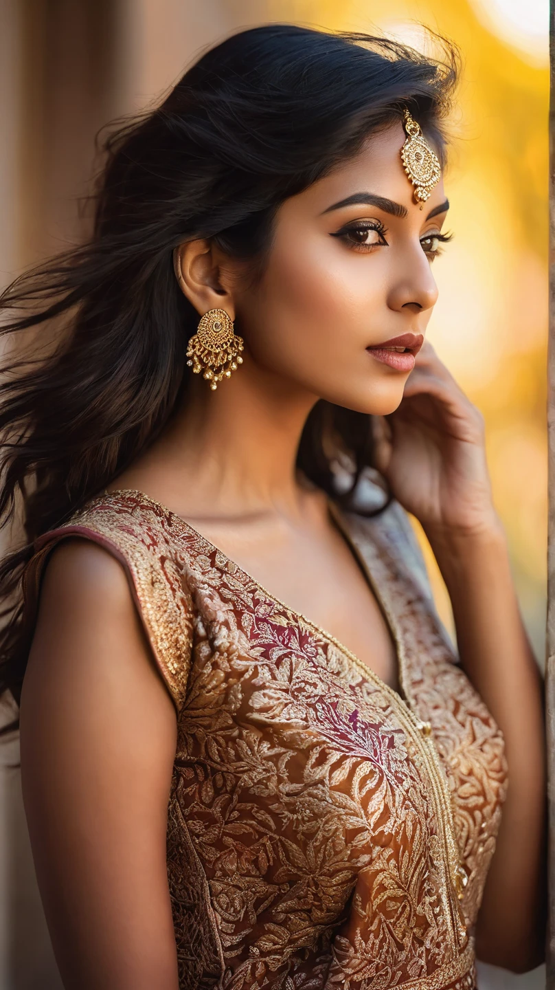 panoramic long shot of a beautiful south asian girl, dynamic pose, old classic , wavy black hair, 50s pin up style, intricate, detailed, DSLR camera , 8K UHD, deep blacks, post processing, nubian nose, protruding teeth