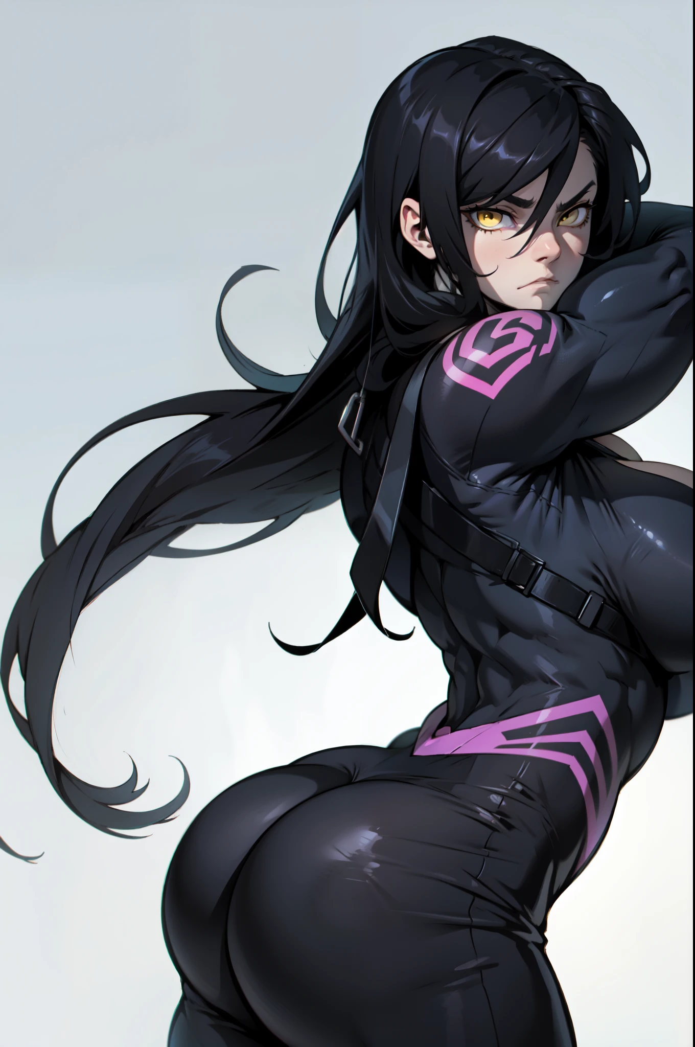 18 year old Yoruichi Shihōin from Bleach with tanned skin in a half zipped up purple latex bodysuit, and wearing a black surgical mask, flexing her muscles with her hands behind her head so they are not visible to pridefully showing off her rock hard abs while sitting on on a mountain ledge, highly detailed