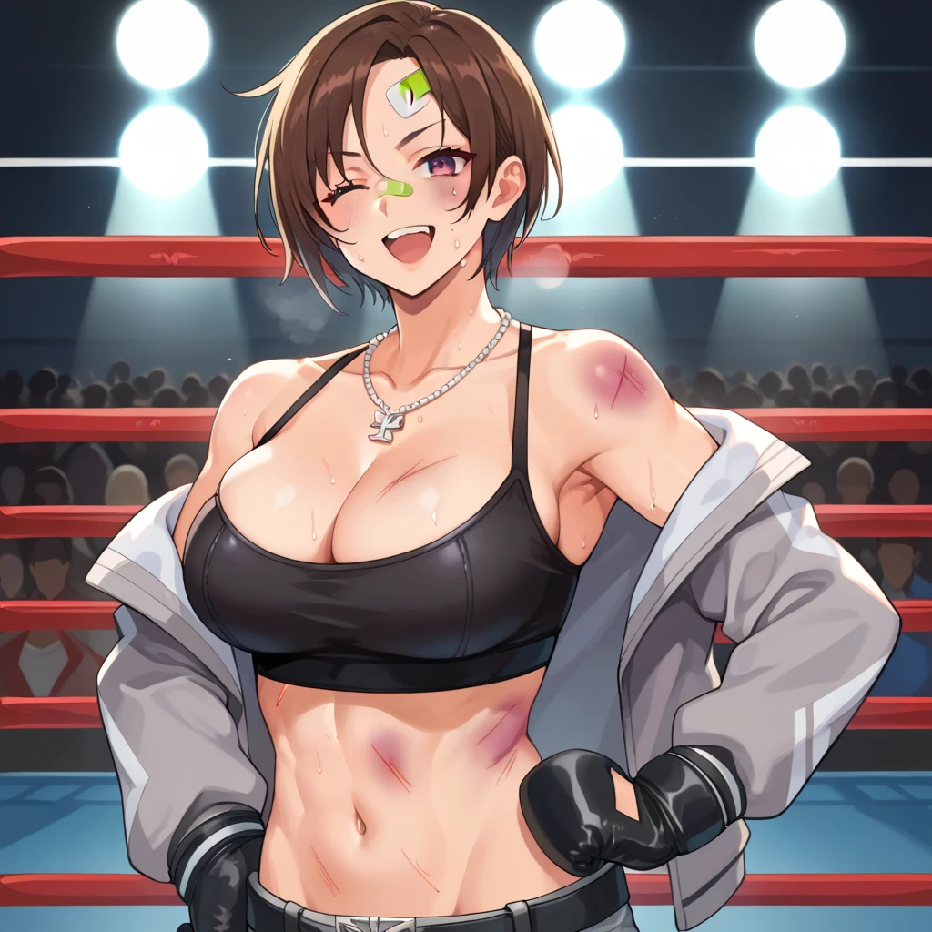 pkmnSada, tan,hair ornaments, necklace, bracelet, nsfw, big tits, slutty, masterpiece, best quality, 1girl ,arm wraps, abdominal wraps, nudity, looking at viewer, big breasts, sagging breasts, focused,,breasts out, action shot,grin, focused expression, natural lighting, in a boxing ring, guarding position,, bandaged forearms, detailed face, medium closeup shot,upper body focus, nipples, clenched fists, determined expression, looking at viewer, pussy, topless, exposed pussy, bottomless, bare legs, bare crotch, exposed midriff, covered in bandages