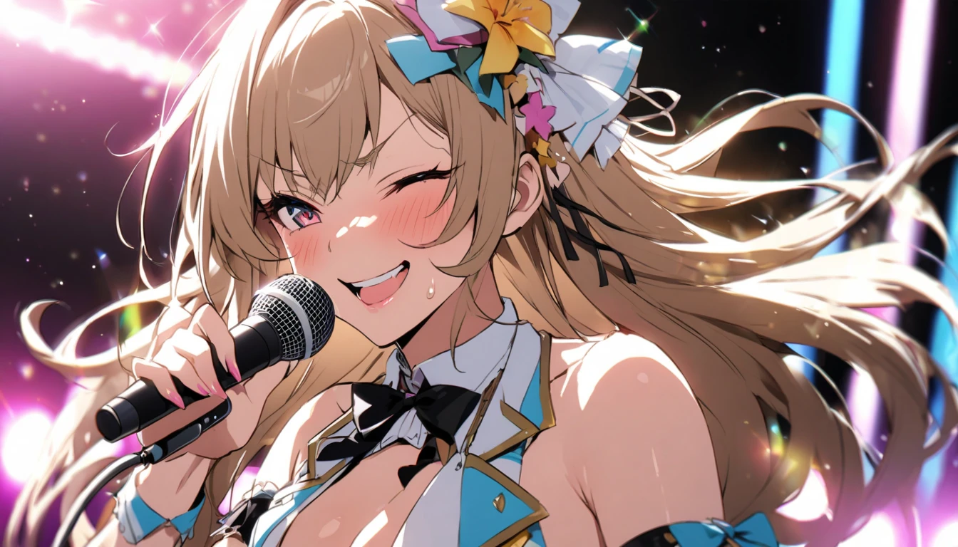highest quality、High resolution、Detailed Background、(Beautiful face in every detail:1.4)、Anatomically correct、(Detailed facial expressions)、Teenage beauty、(Highly detailed face:1.4)、(Huge breasts:1.3)、Accentuate your cleavage、Show your side、A big smile、smile、
A sailor dress with a fluttering pink ribbon、A soft silhouette、Pretty figure、Cute gestures、
Standing on stage with big shining eyes、A sparkling smile that captivates the audience、A clear singing voice echoes through the venue、I was enchanted by the heart-tugging voice.、Her small hands move gracefully as she sings、I'm fascinated by her angelic behavior、A dreamlike sight、I am fascinated by her pure expression.、This moment is so wonderful I want to hold it forever、I'm grateful for the miracle of meeting this lovely girl.、A goddess of the stage who continues to shine forever、cute