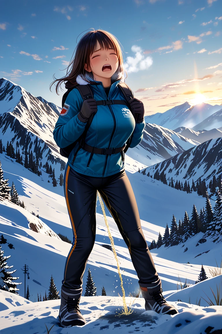 (Whole body:1.3) masterpiece, best quality, 1girl, korra, bright pale blue eyes, (deep chestnut brown skin:1.3), dark skin, toned arms , (strong shoulders), (toned thighs), thighs showing, midriff showing, smile,standing, arms behind head pose, snow field, surrounded by mystical fire ring, (small breasts:1.4)