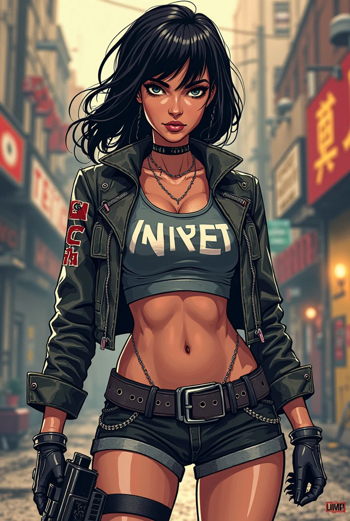 girl (((slim girl thin girl slim physique girl thin waist large breasts skinny))) very dark skin black skin very dark brown skin black hair mohawk ponytails yellow eyes back alley darkatmosphere trash bins blowing paprs in the wind