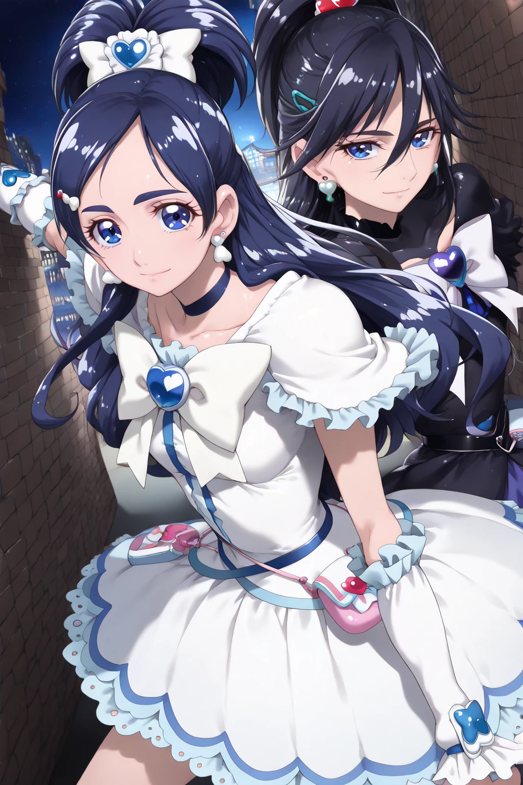 Suffering from being held by a muscular man、Cure White,Chest ribbon,  mini skirt, white choker, thigh straps, elbow gloves, detailed hair and outfit, long flowing blue hair, white and blue frilly dress, white gloves and boots, blushing, feeling pain, suffering from arm being bitten by enemy, dynamic and intense scene, background with sound waves, eyes closed, masterpiece, best quality, highly detailed background, perfect lighting, (beautiful, best quality: 1.1), masterpiece, perfect eyes, (beautiful), (erotic: 1.2)
