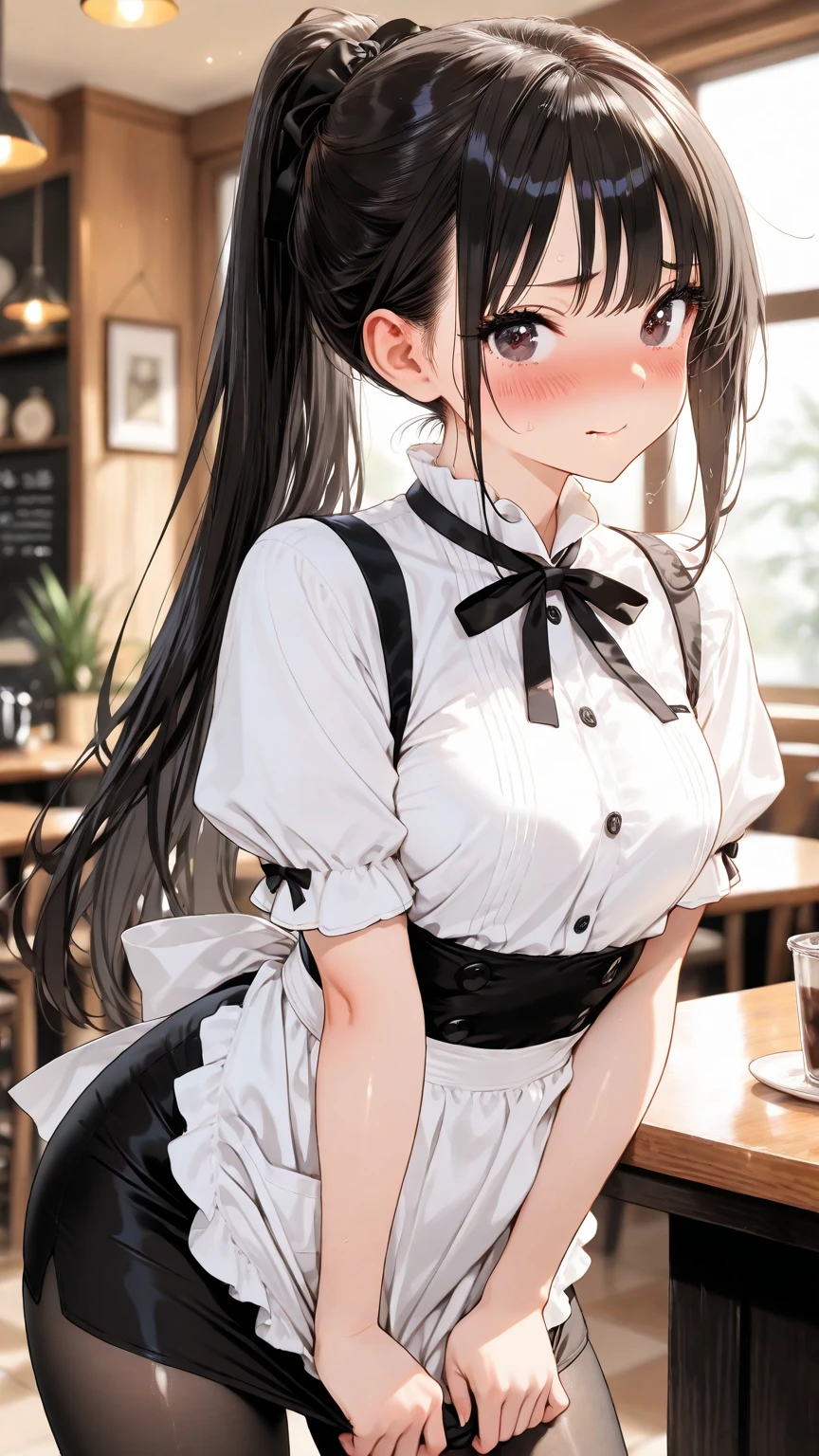 (perfect anatomy, anatomically correct, super detailed skin), 1 womanl, solo, japanese, 24 years old, 7 headed body, (detailed ultra-oily shiny skin:1.1), watching the view, (smile:1.5), wet,
beautiful hair, beautiful face, beautiful detailed eyes, (long hair:1.4, straight hair:1.5), black hair, (large breasts:0.8), (cute face), (Ideal ratio body proportions), emphasis on the buttocks,
beautiful clavicle, beautiful body, beautiful chest, beautiful thigh, beautiful legs, breast, barefoot, barearm, slender, small buttocks, skinny legs,
(waitresses, mini apron, see-through short sleeves white collared shirt, black mini skirt, high-heels, ), seductive thighs,
(beautiful scenery), cafes, walking, put a café tray on the hand,
(8k, top-quality, masterpiece:1.2, extremely detailed), (photorealistic), beautiful art, visual art, depth of fields, cinematic lighting, surrealism, depth of fields,